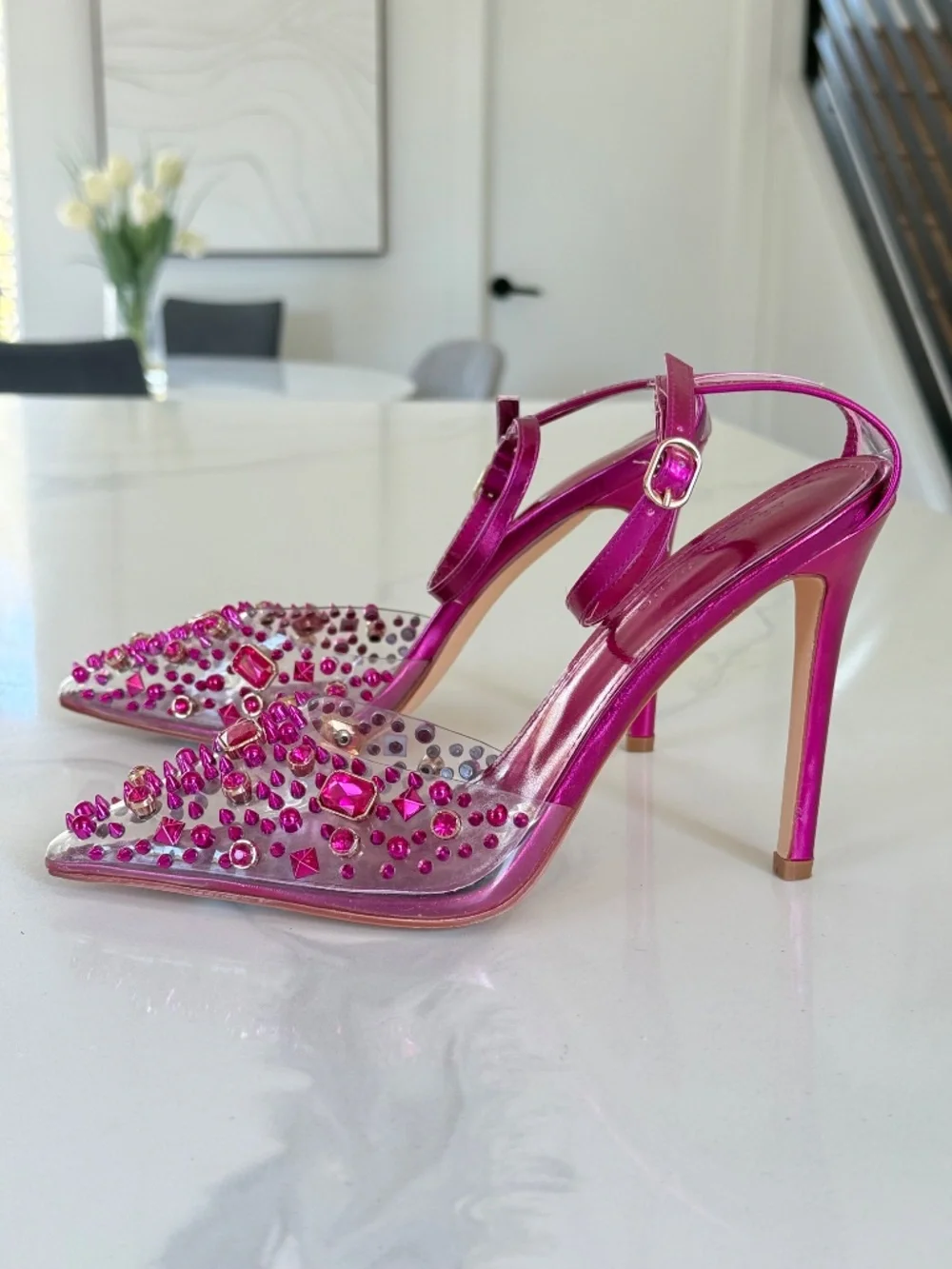 Azalea Wang Arthelia Pink Crystal Embellished Clear Pumps - Picture 9 of 14